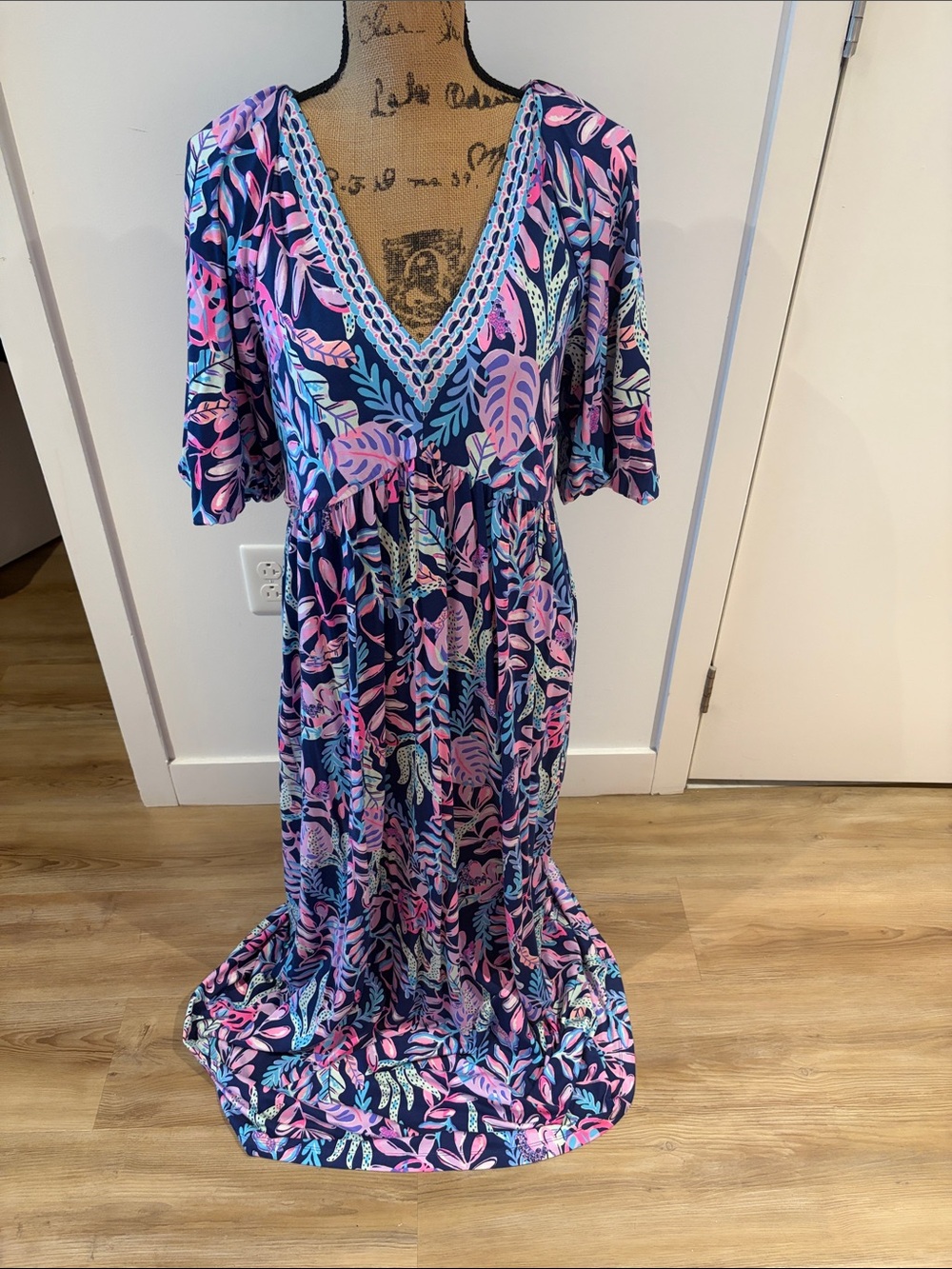 Lilly Pulitzer Navy Maxi Dress with Pink & Light Blue Leaf Print
